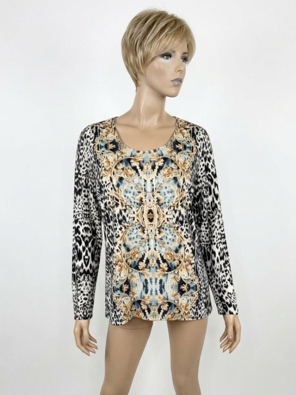 Chico’s Size 2/Large Blue & Gold Baroque Leopard Print Long Sleeve Tunic - Picture 2 of 4